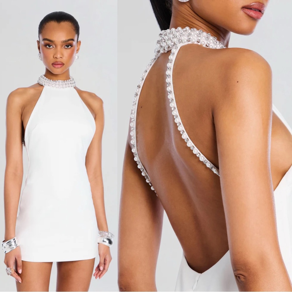 Retrofete White Pearl-Embellished Halter Mini Dress